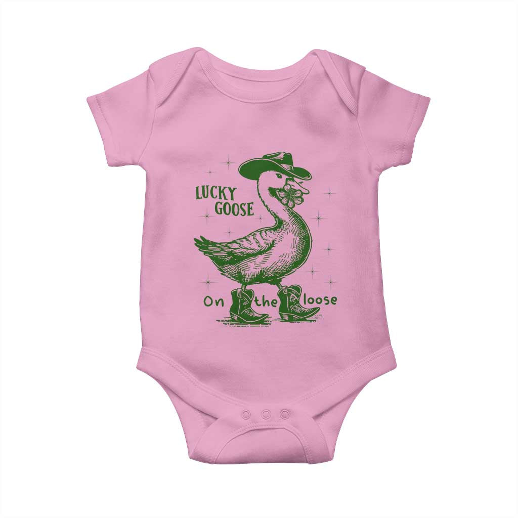 Funny St Patrick's Day Lucky Goose On The Loose Baby Onesie Cowboy Goose Shamrock TS11 Light Pink Print Your Wear