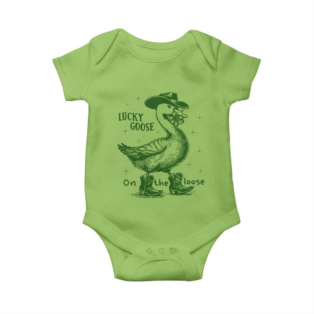 Funny St Patrick's Day Lucky Goose On The Loose Baby Onesie Cowboy Goose Shamrock TS11 Lime Print Your Wear