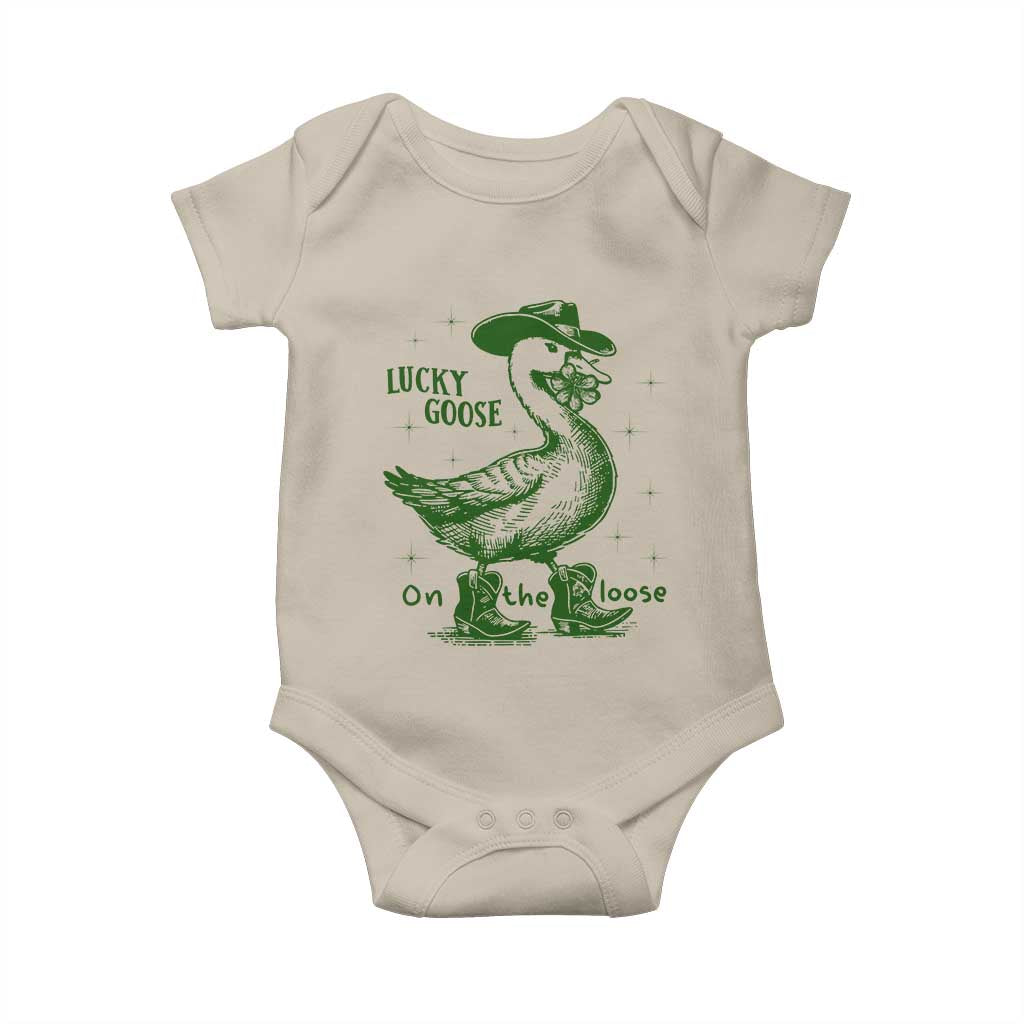 Funny St Patrick's Day Lucky Goose On The Loose Baby Onesie Cowboy Goose Shamrock TS11 Sand Print Your Wear