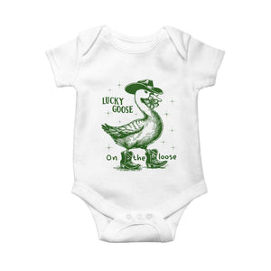 Funny St Patrick's Day Lucky Goose On The Loose Baby Onesie Cowboy Goose Shamrock TS11 White Print Your Wear