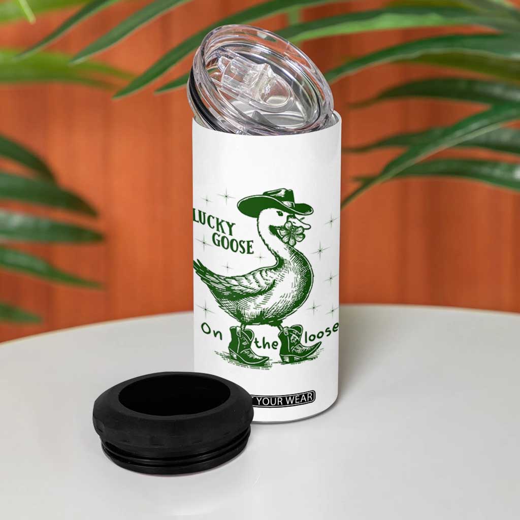 Funny St Patrick's Day Lucky Goose On The Loose 4 in 1 Can Cooler Tumbler Cowboy Goose Shamrock TS11 Print Your Wear