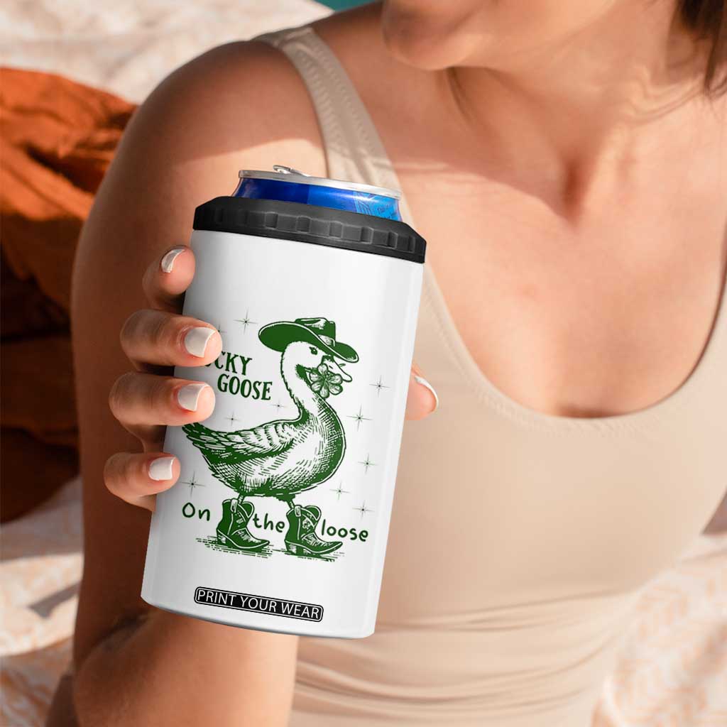 Funny St Patrick's Day Lucky Goose On The Loose 4 in 1 Can Cooler Tumbler Cowboy Goose Shamrock TS11 Print Your Wear