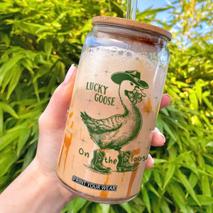 Funny St Patrick's Day Lucky Goose On The Loose Glass Can Cowboy Goose Shamrock TS11 White Print Your Wear