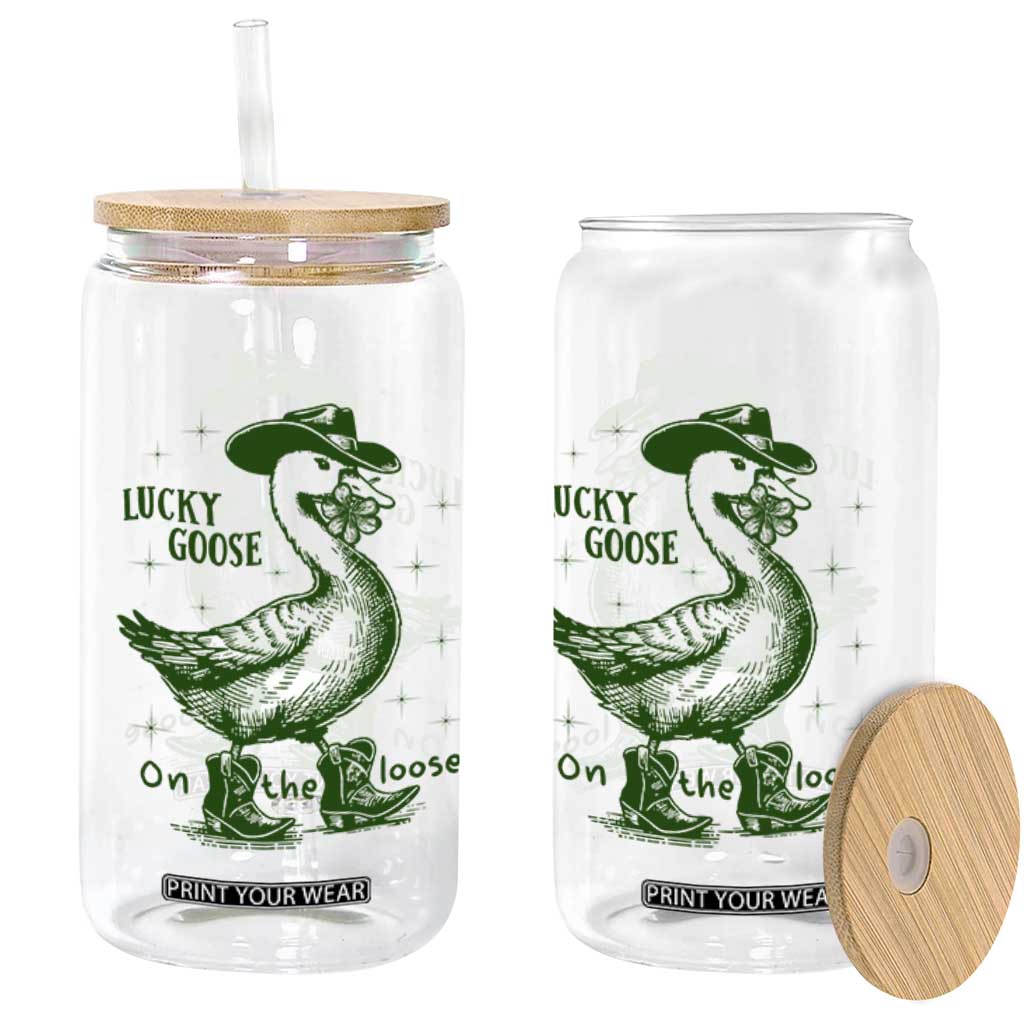 Funny St Patrick's Day Lucky Goose On The Loose Glass Can Cowboy Goose Shamrock TS11 Print Your Wear
