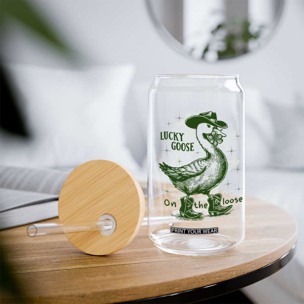 Funny St Patrick's Day Lucky Goose On The Loose Glass Can Cowboy Goose Shamrock TS11 Print Your Wear
