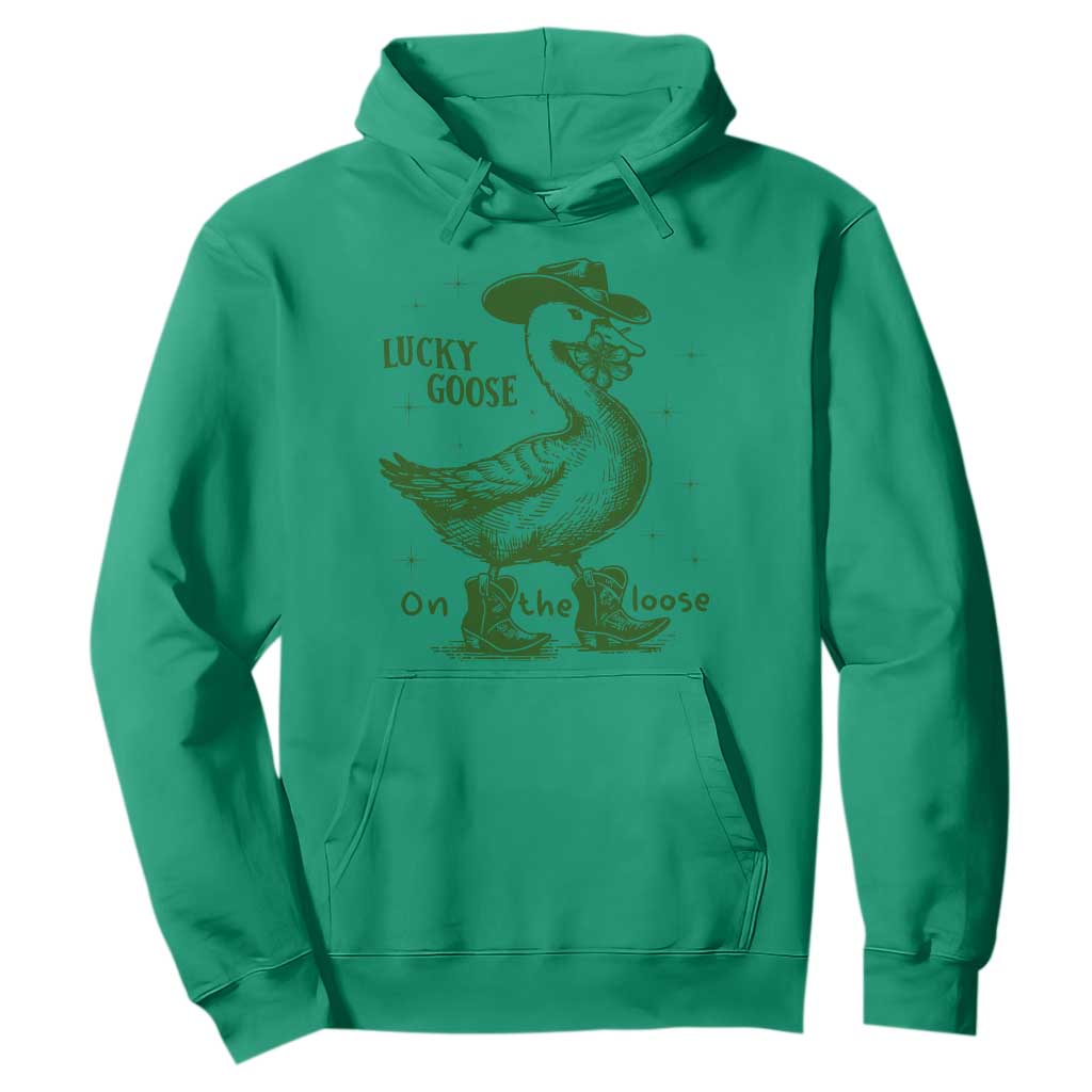 Funny St Patrick's Day Lucky Goose On The Loose Hoodie Cowboy Goose Shamrock TS11 Irish Green Print Your Wear