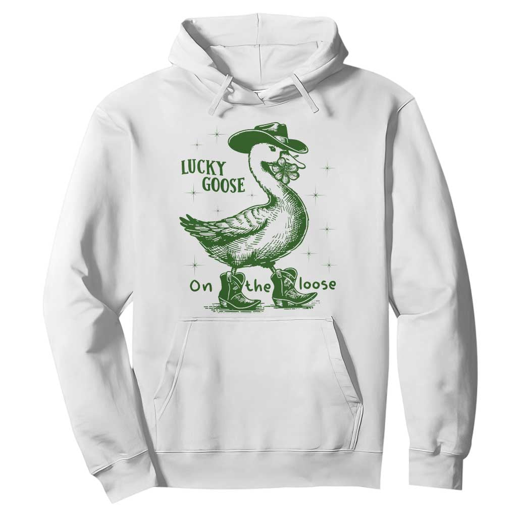 Funny St Patrick's Day Lucky Goose On The Loose Hoodie Cowboy Goose Shamrock TS11 White Print Your Wear