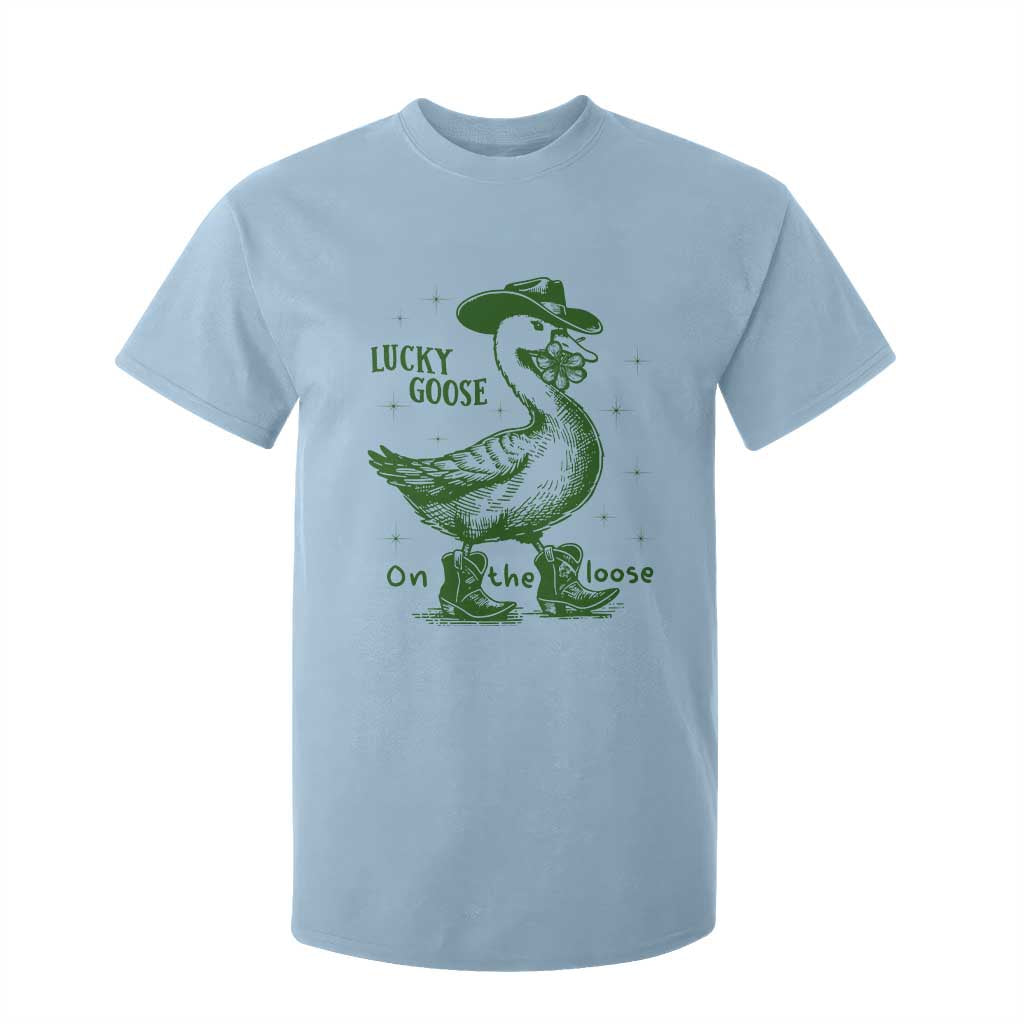Funny St Patrick's Day Lucky Goose On The Loose T Shirt For Kid Cowboy Goose Shamrock TS11 Light Blue Print Your Wear