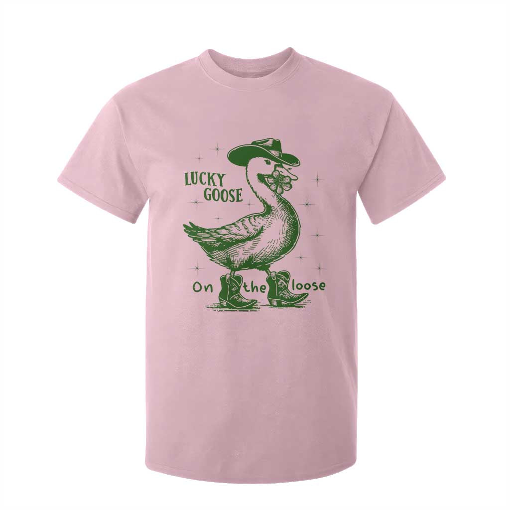 Funny St Patrick's Day Lucky Goose On The Loose T Shirt For Kid Cowboy Goose Shamrock TS11 Light Pink Print Your Wear