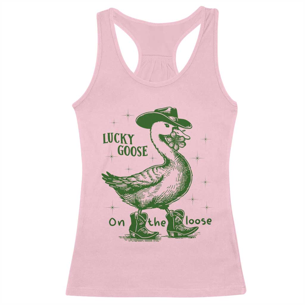 Funny St Patrick's Day Lucky Goose On The Loose Racerback Tank Top Cowboy Goose Shamrock TS11 Light Pink Print Your Wear
