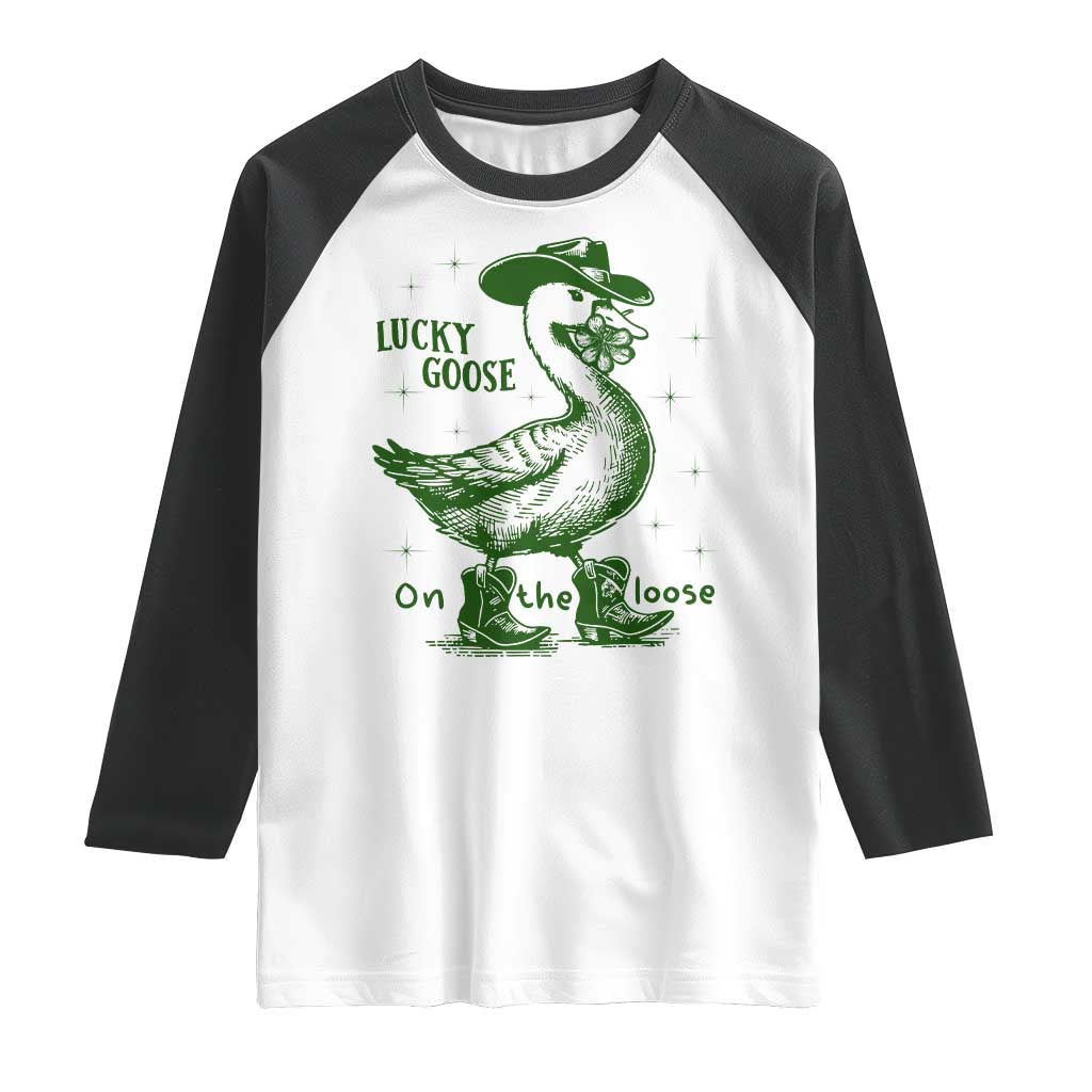 Funny St Patrick's Day Lucky Goose On The Loose Raglan Shirt Cowboy Goose Shamrock TS11 White Black Print Your Wear