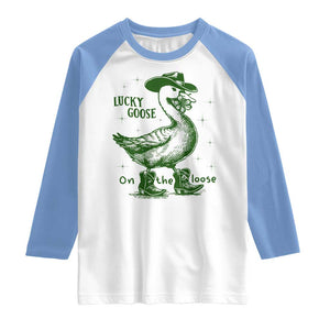 Funny St Patrick's Day Lucky Goose On The Loose Raglan Shirt Cowboy Goose Shamrock TS11 White Carolina Blue Print Your Wear