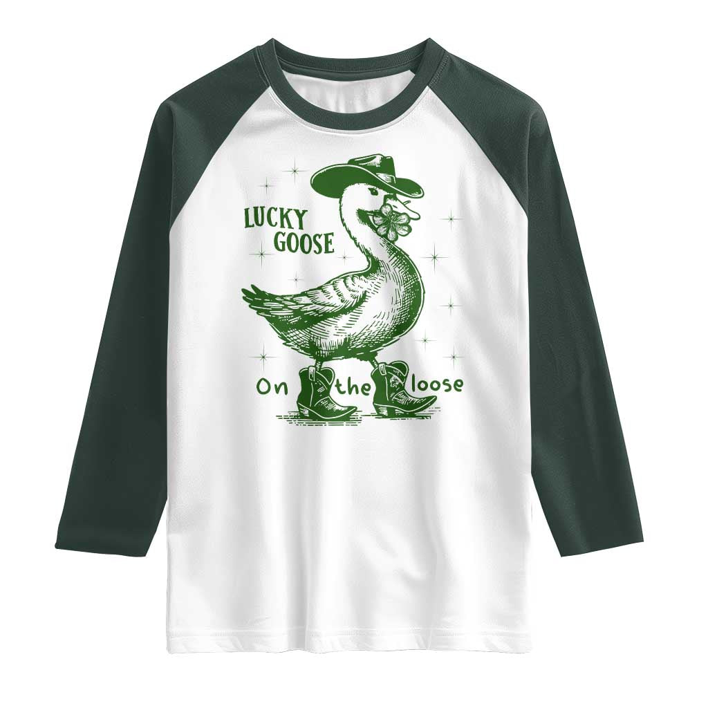 Funny St Patrick's Day Lucky Goose On The Loose Raglan Shirt Cowboy Goose Shamrock TS11 White Dark Forest Green Print Your Wear