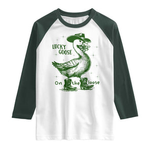 Funny St Patrick's Day Lucky Goose On The Loose Raglan Shirt Cowboy Goose Shamrock TS11 White Dark Forest Green Print Your Wear