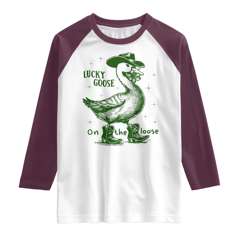 Funny St Patrick's Day Lucky Goose On The Loose Raglan Shirt Cowboy Goose Shamrock TS11 White Maroon Print Your Wear