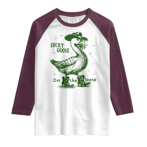 Funny St Patrick's Day Lucky Goose On The Loose Raglan Shirt Cowboy Goose Shamrock TS11 White Maroon Print Your Wear
