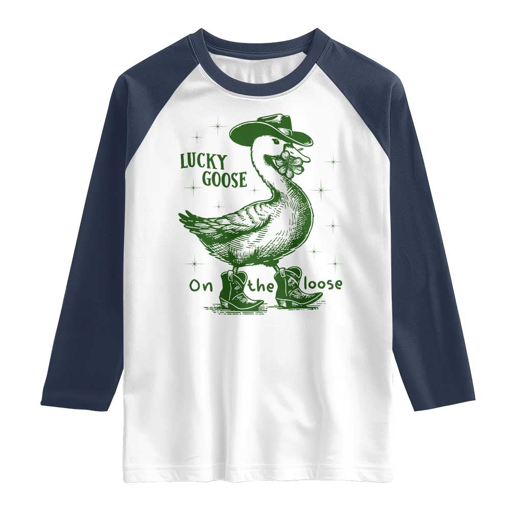 Funny St Patrick's Day Lucky Goose On The Loose Raglan Shirt Cowboy Goose Shamrock TS11 White Navy Print Your Wear