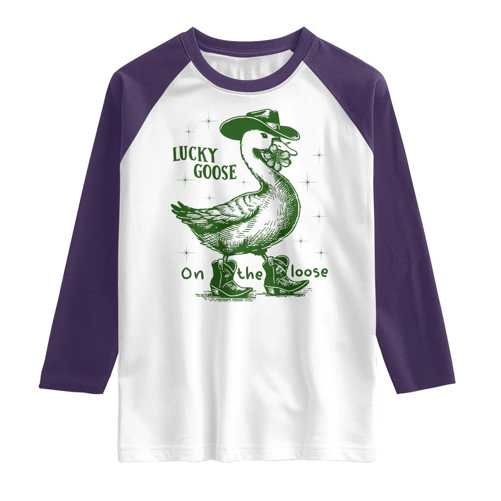 Funny St Patrick's Day Lucky Goose On The Loose Raglan Shirt Cowboy Goose Shamrock TS11 White Purple Print Your Wear