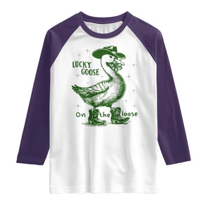 Funny St Patrick's Day Lucky Goose On The Loose Raglan Shirt Cowboy Goose Shamrock TS11 White Purple Print Your Wear