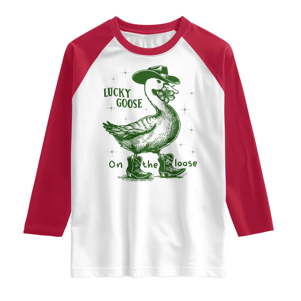 Funny St Patrick's Day Lucky Goose On The Loose Raglan Shirt Cowboy Goose Shamrock TS11 White Red Print Your Wear