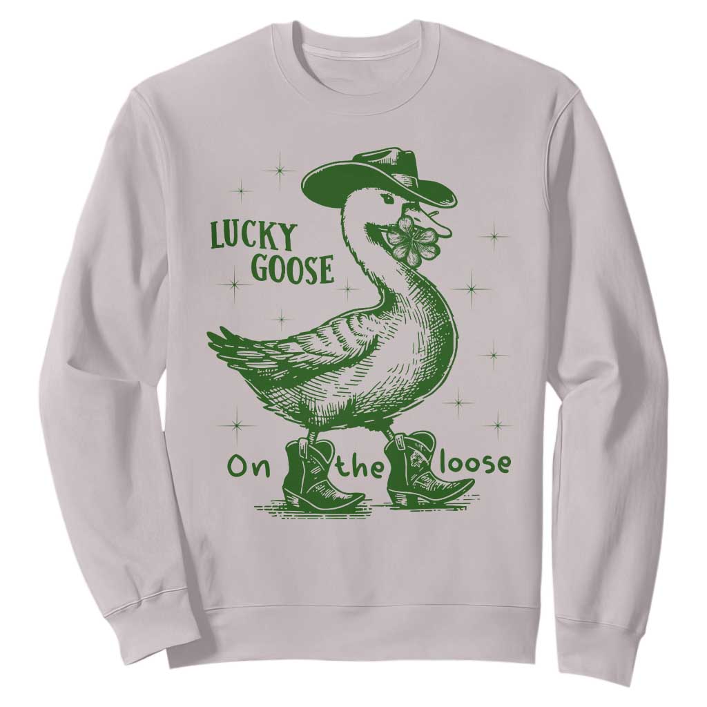 Funny St Patrick's Day Lucky Goose On The Loose Sweatshirt Cowboy Goose Shamrock TS11 Ice Gray Print Your Wear