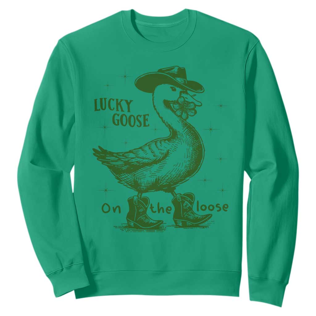 Funny St Patrick's Day Lucky Goose On The Loose Sweatshirt Cowboy Goose Shamrock TS11 Irish Green Print Your Wear