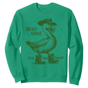Funny St Patrick's Day Lucky Goose On The Loose Sweatshirt Cowboy Goose Shamrock TS11 Irish Green Print Your Wear