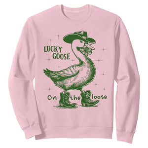 Funny St Patrick's Day Lucky Goose On The Loose Sweatshirt Cowboy Goose Shamrock TS11 Light Pink Print Your Wear