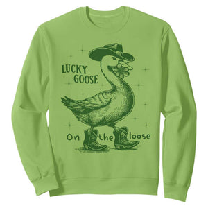 Funny St Patrick's Day Lucky Goose On The Loose Sweatshirt Cowboy Goose Shamrock TS11 Lime Print Your Wear