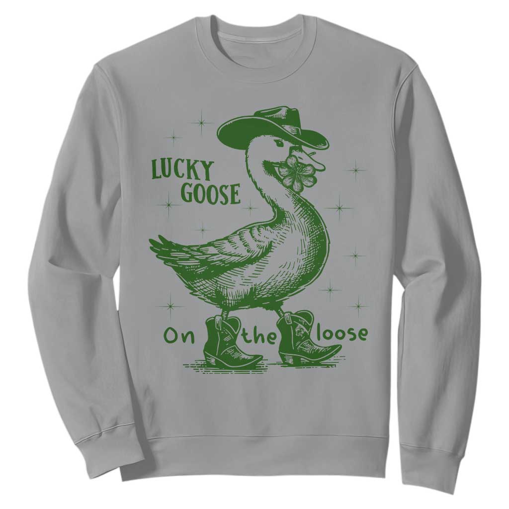 Funny St Patrick's Day Lucky Goose On The Loose Sweatshirt Cowboy Goose Shamrock TS11 Sport Gray Print Your Wear
