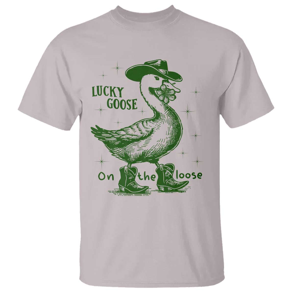 Funny St Patrick's Day Lucky Goose On The Loose T Shirt Cowboy Goose Shamrock TS11 Ice Gray Print Your Wear