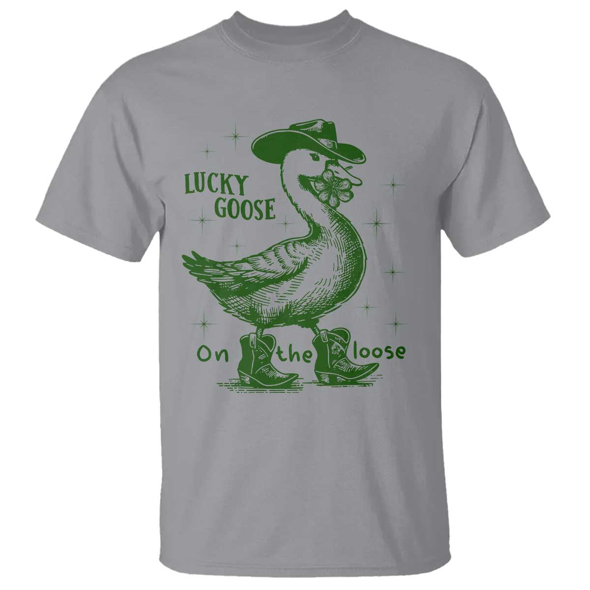 Funny St Patrick's Day Lucky Goose On The Loose T Shirt Cowboy Goose Shamrock TS11 Sport Gray Print Your Wear