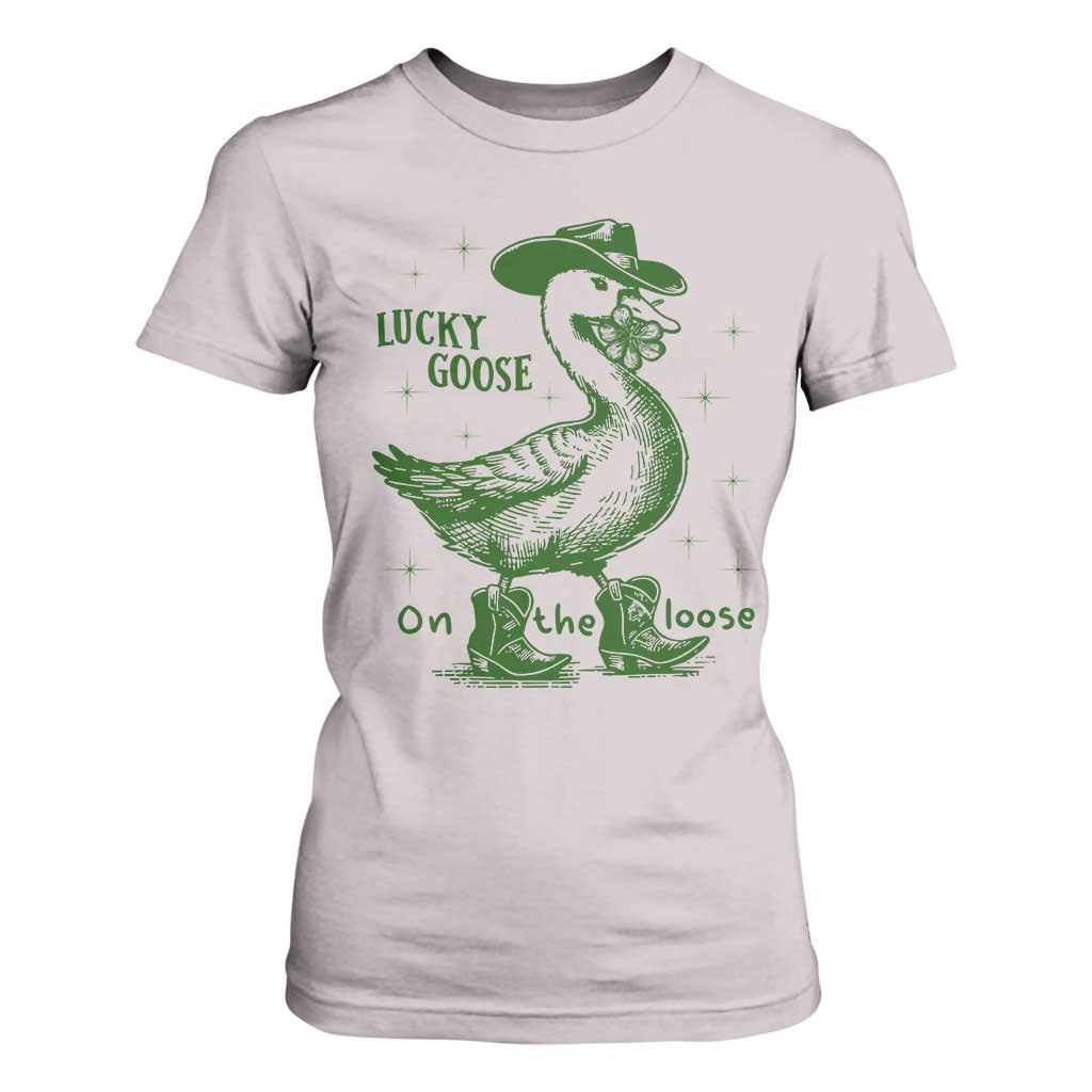 Funny St Patrick's Day Lucky Goose On The Loose T Shirt For Women Cowboy Goose Shamrock TS11 Ice Gray Print Your Wear