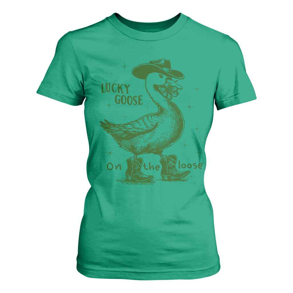 Funny St Patrick's Day Lucky Goose On The Loose T Shirt For Women Cowboy Goose Shamrock TS11 Irish Green Print Your Wear