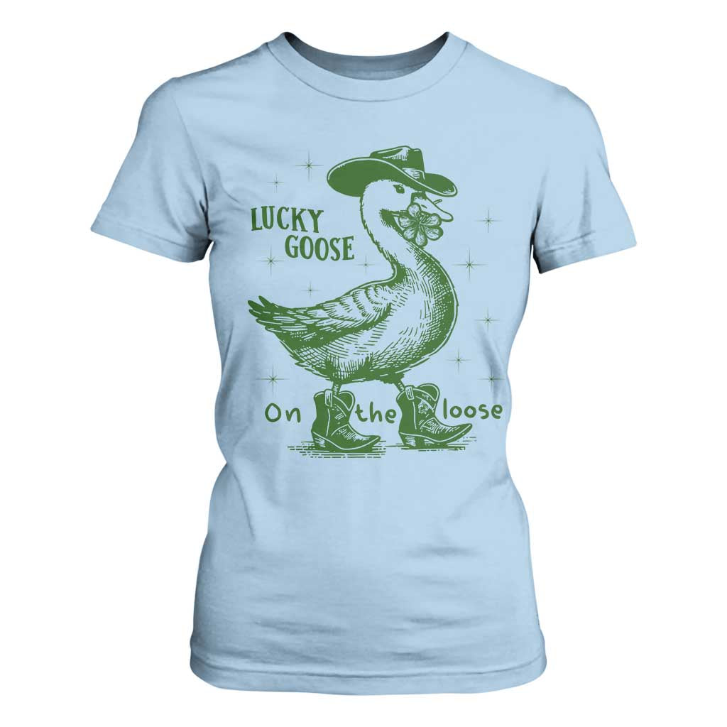 Funny St Patrick's Day Lucky Goose On The Loose T Shirt For Women Cowboy Goose Shamrock TS11 Light Blue Print Your Wear