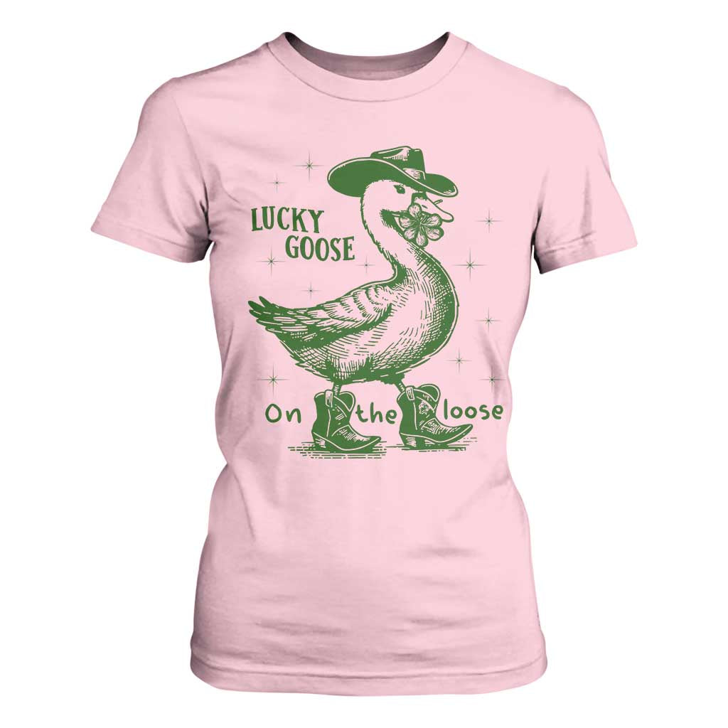 Funny St Patrick's Day Lucky Goose On The Loose T Shirt For Women Cowboy Goose Shamrock TS11 Light Pink Print Your Wear