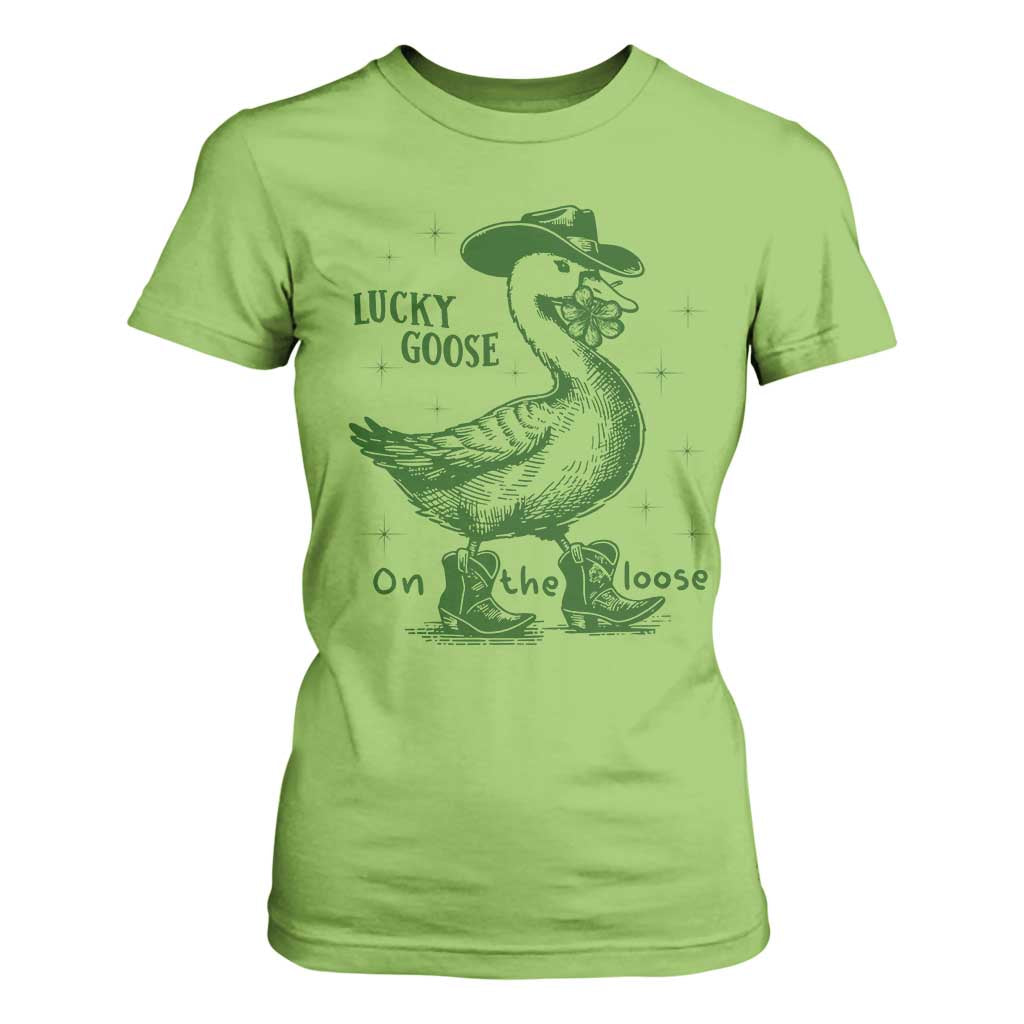 Funny St Patrick's Day Lucky Goose On The Loose T Shirt For Women Cowboy Goose Shamrock TS11 Lime Print Your Wear