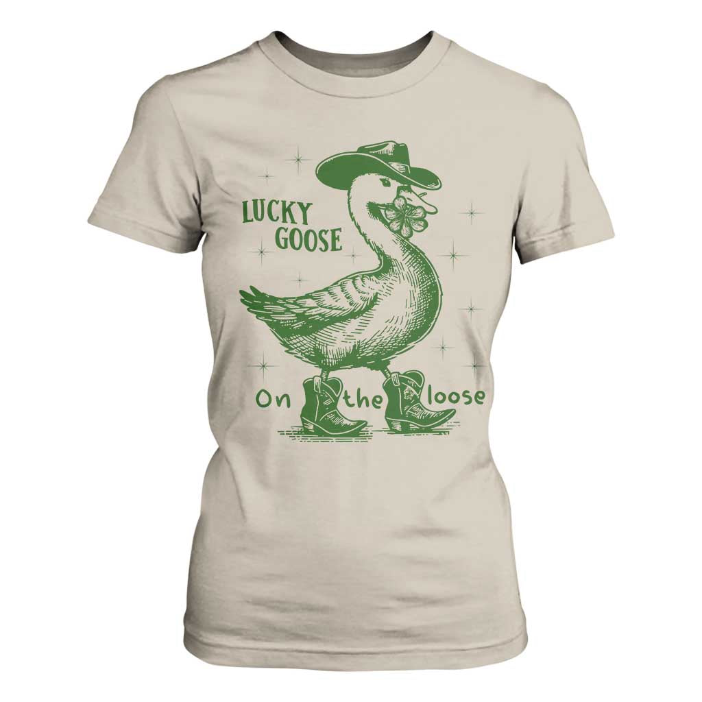 Funny St Patrick's Day Lucky Goose On The Loose T Shirt For Women Cowboy Goose Shamrock TS11 Sand Print Your Wear