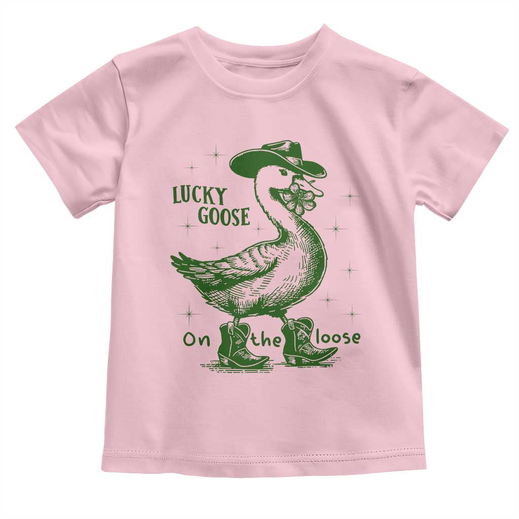 Funny St Patrick's Day Lucky Goose On The Loose Toddler T Shirt Cowboy Goose Shamrock TS11 Light Pink Print Your Wear