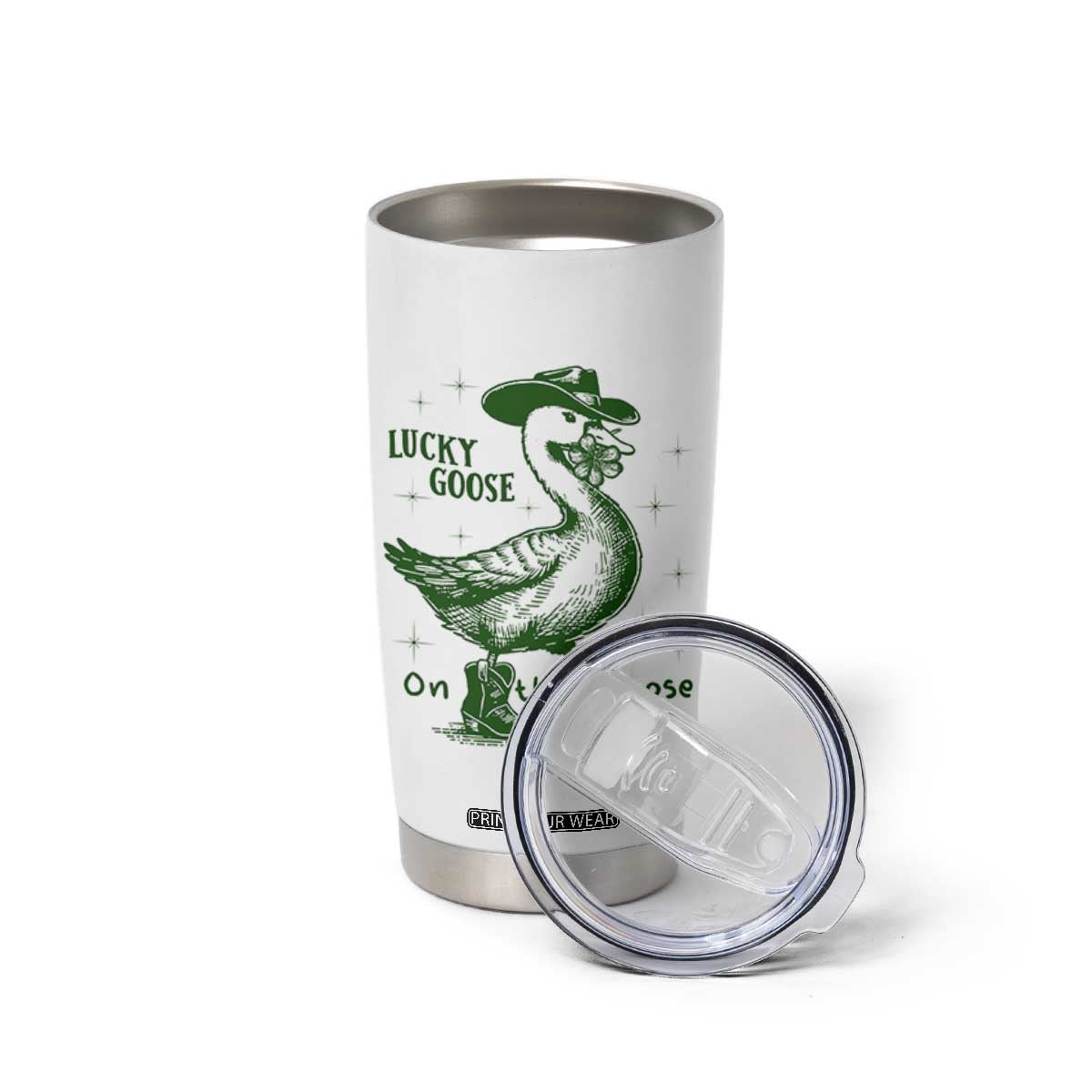 Funny St Patrick's Day Lucky Goose On The Loose Tumbler Cup Cowboy Goose Shamrock TS11 Print Your Wear
