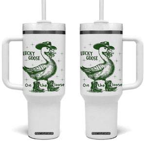 Funny St Patrick's Day Lucky Goose On The Loose Tumbler With Handle Cowboy Goose Shamrock TS11 One Size: 40 oz White Print Your Wear