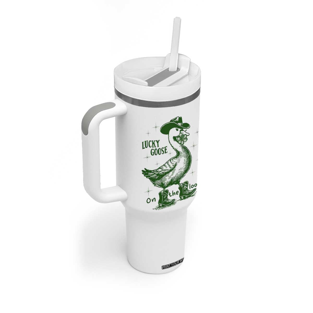 Funny St Patrick's Day Lucky Goose On The Loose Tumbler With Handle Cowboy Goose Shamrock TS11 Print Your Wear