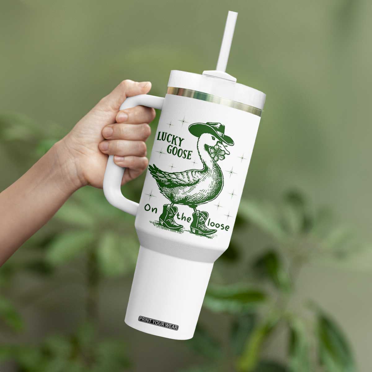 Funny St Patrick's Day Lucky Goose On The Loose Tumbler With Handle Cowboy Goose Shamrock TS11 Print Your Wear