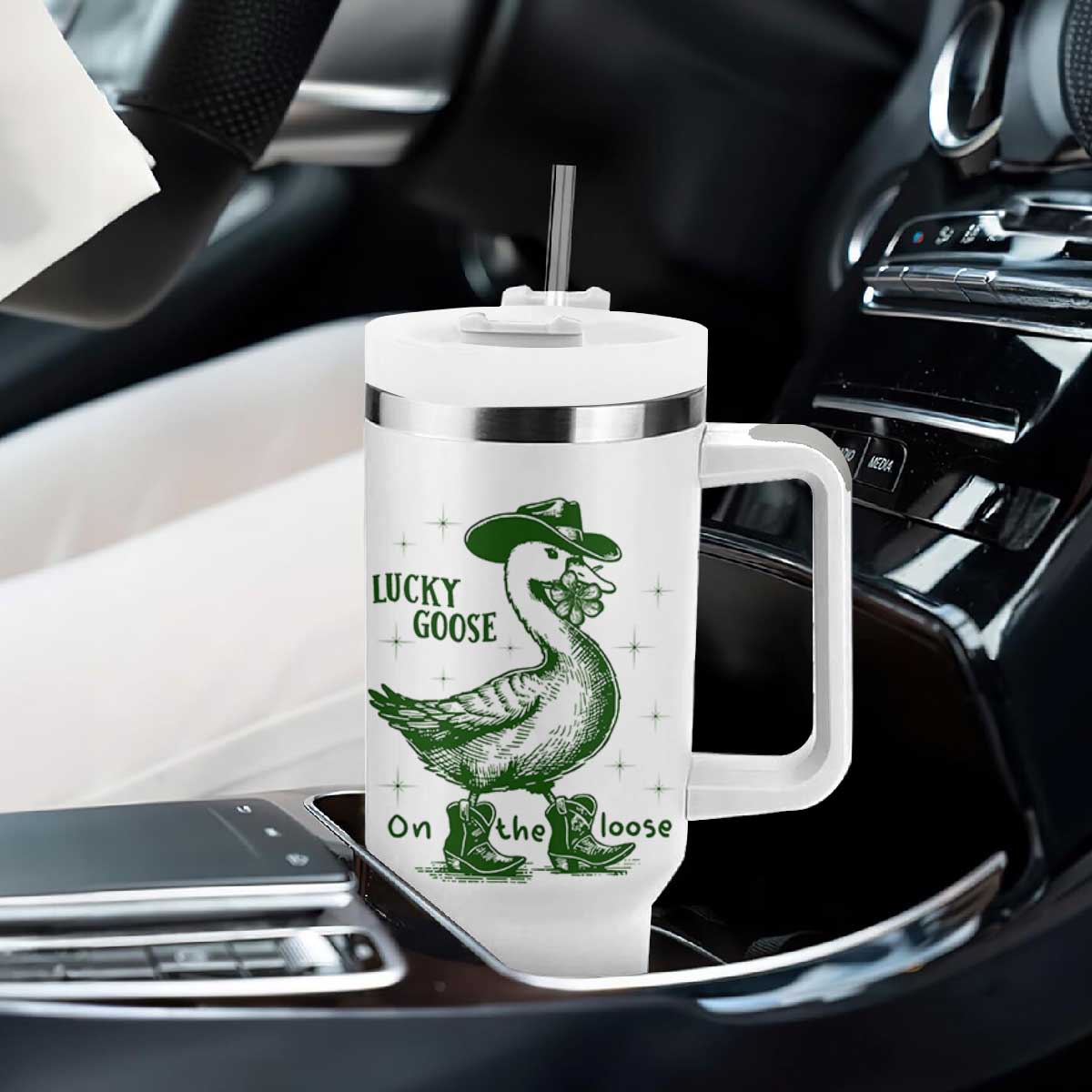 Funny St Patrick's Day Lucky Goose On The Loose Tumbler With Handle Cowboy Goose Shamrock TS11 Print Your Wear