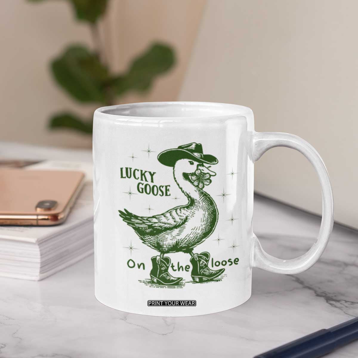 Funny St Patrick's Day Lucky Goose On The Loose Coffee Mug Cowboy Goose Shamrock TS11 Print Your Wear