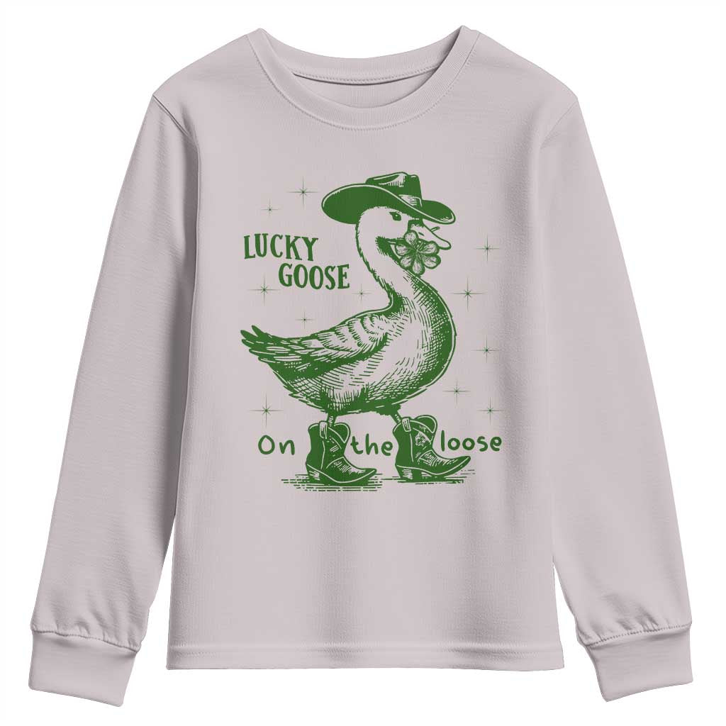 Funny St Patrick's Day Lucky Goose On The Loose Youth Sweatshirt Cowboy Goose Shamrock TS11 Ice Gray Print Your Wear
