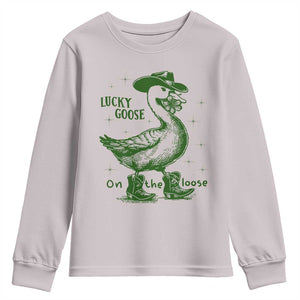 Funny St Patrick's Day Lucky Goose On The Loose Youth Sweatshirt Cowboy Goose Shamrock TS11 Ice Gray Print Your Wear