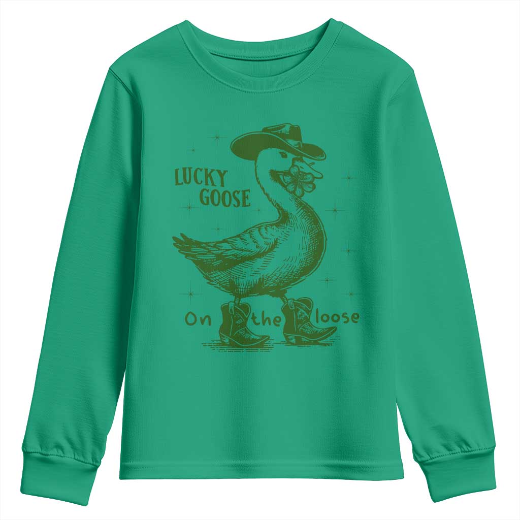 Funny St Patrick's Day Lucky Goose On The Loose Youth Sweatshirt Cowboy Goose Shamrock TS11 Irish Green Print Your Wear