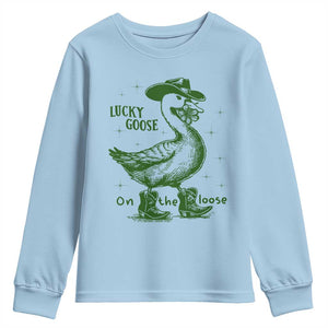 Funny St Patrick's Day Lucky Goose On The Loose Youth Sweatshirt Cowboy Goose Shamrock TS11 Light Blue Print Your Wear