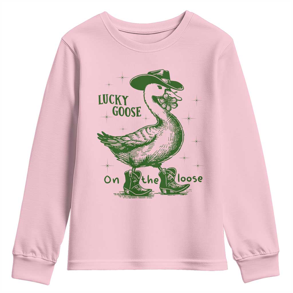 Funny St Patrick's Day Lucky Goose On The Loose Youth Sweatshirt Cowboy Goose Shamrock TS11 Light Pink Print Your Wear